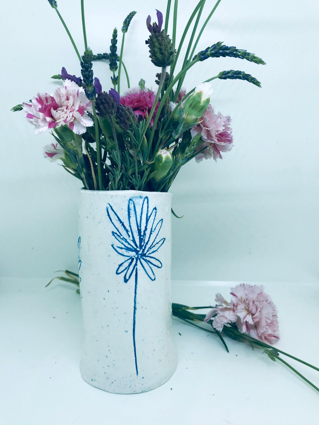 Handmade Bud Vase For Flowers. Blue White Design.